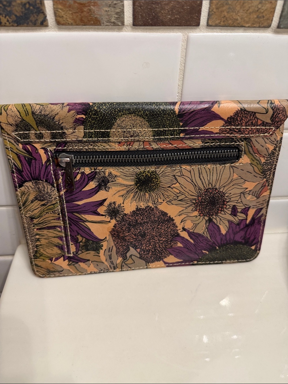 Patricia Nash Yellow Beige Floral Sunflower Clutch with Purple Accents - Picture 2 of 8